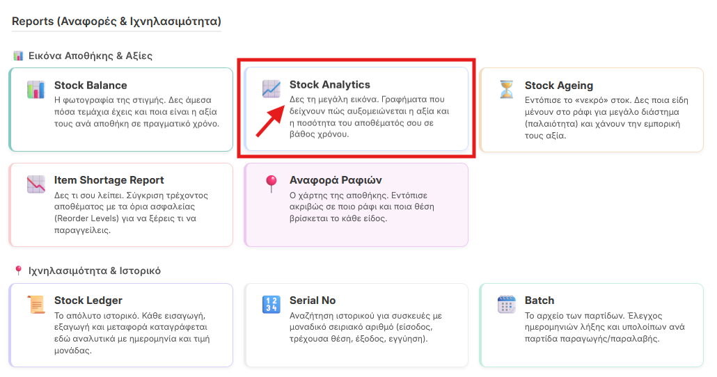 Επιλογή Stock Analytics από τα Reports