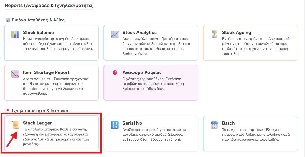 Επιλογή Stock Ledger από τα Reports